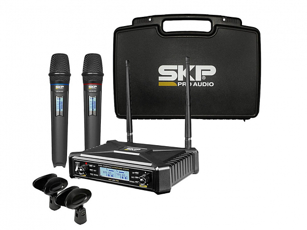 MICROFONE SEM FIO SKP UHF 600 PRO DIGITAL MÃO DUPLO